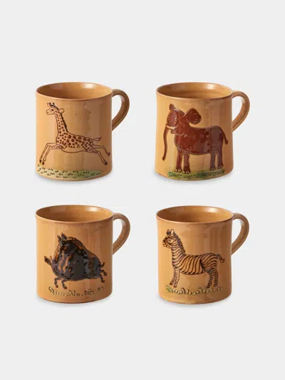 Poterie D’évires Poterie D'évires Animals Hand-painted Ceramic Mugs (set Of 4) In Brown