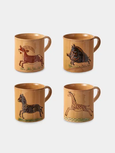 Poterie D’évires Poterie D'évires Animals Hand-painted Ceramic Mugs (set Of 4) In Brown