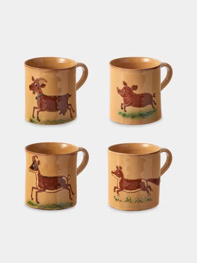 Poterie D’évires Poterie D'évires Animals Hand-painted Ceramic Mugs (set Of 4) In Brown