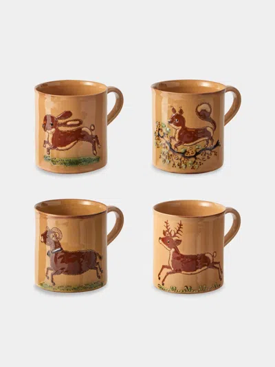 Poterie D’évires Poterie D'évires Animals Hand-painted Ceramic Mugs (set Of 4) In Brown