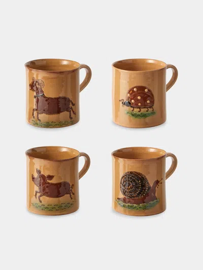 Poterie D’évires Poterie D'évires Animals Hand-painted Ceramic Mugs (set Of 4) In Brown