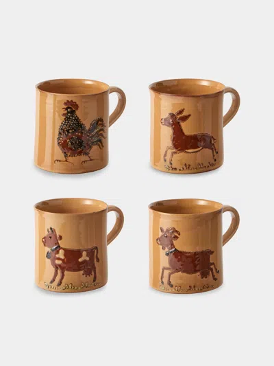 Poterie D’évires Poterie D'évires Animals Hand-painted Ceramic Mugs (set Of 4) In Brown