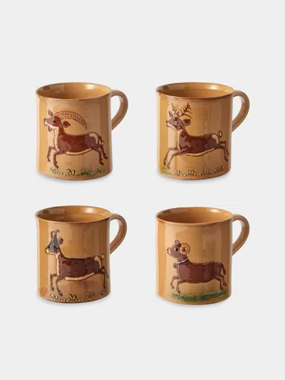 Poterie D’évires Poterie D'évires Animals Hand-painted Ceramic Mugs (set Of 4) In Brown