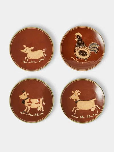 Poterie D’évires Poterie D'évires Animals Hand-painted Ceramic Plates - 5.5in/14cm (set Of 4) In Brown