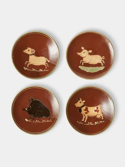 Poterie D’évires Poterie D'évires Animals Hand-painted Ceramic Plates - 5.5in/14cm (set Of 4) In Brown