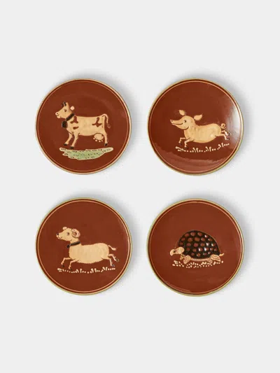 Poterie D’évires Poterie D'évires Animals Hand-painted Ceramic Plates - 5.5in/14cm (set Of 4) In Brown
