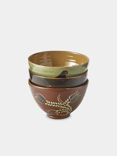 Poterie D’évires Poterie D'évires Birds And Flowers Hand-painted Ceramic Grand Bowls (set Of 3) In Multi