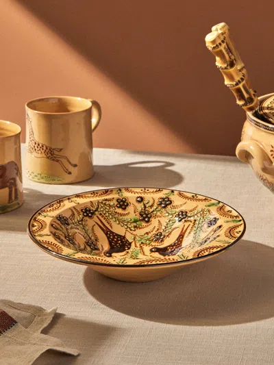 Poterie D’évires Poterie D'évires Birds And Flowers Hand-painted Ceramic Small Serving Bowl In Brown