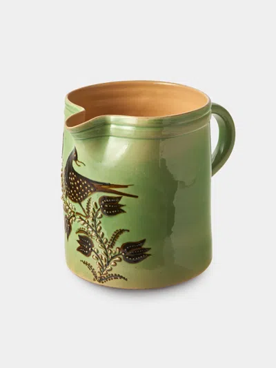 Poterie D’évires Poterie D'évires Birds And Flowers Hand-painted Ceramic Straight-edge Large Jug In Green