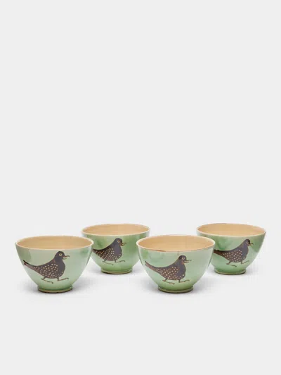 Poterie D’évires Birds Hand-painted Ceramic Cereal Bowls (set Of 4) In Animal Print