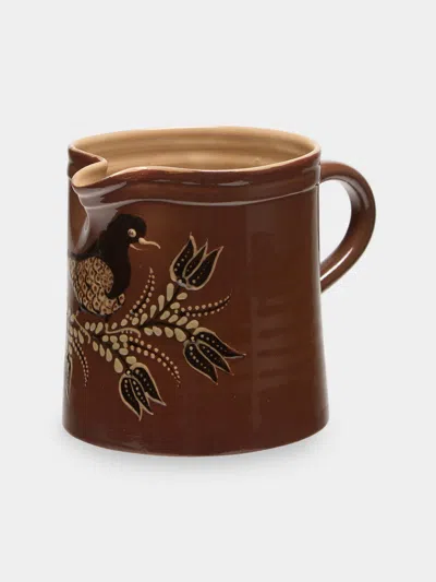 Poterie D’évires Poterie D'évires Birds Hand-painted Ceramic Straight-edge Jug (34oz/1l) In Brown