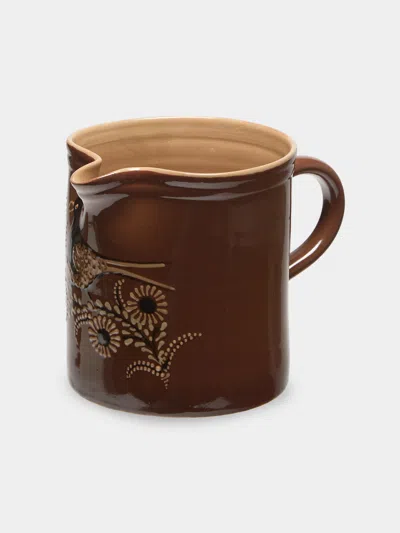 Poterie D’évires Poterie D'évires Birds Hand-painted Ceramic Straight-edge Jug (34oz/1l) In Brown