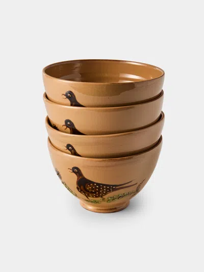 Poterie D’évires Poterie D'évires Birds Hand-painted Ceramic Grand Bowls (set Of 4) In Brown