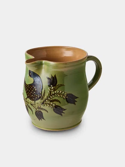 Poterie D’évires Poterie D'évires Birds Hand-painted Ceramic Medium Jug In Green