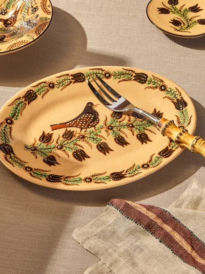 Poterie D’évires Poterie D'évires Birds Hand-painted Ceramic Oval Platter In Brown
