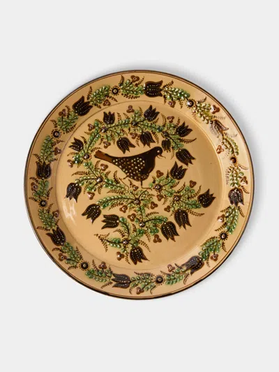 Poterie D’évires Poterie D'évires Birds Hand-painted Ceramic Round Platter In Brown