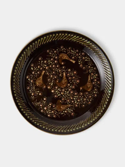 Poterie D’évires Poterie D'évires Birds Hand-painted Ceramic Round Platter In Brown