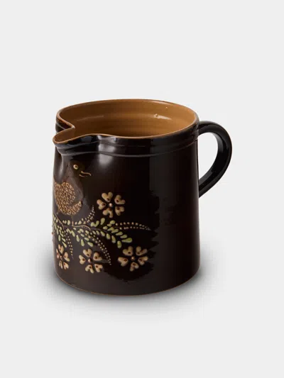 Poterie D’évires Poterie D'évires Birds Hand-painted Ceramic Straight-edge Medium Jug In Brown