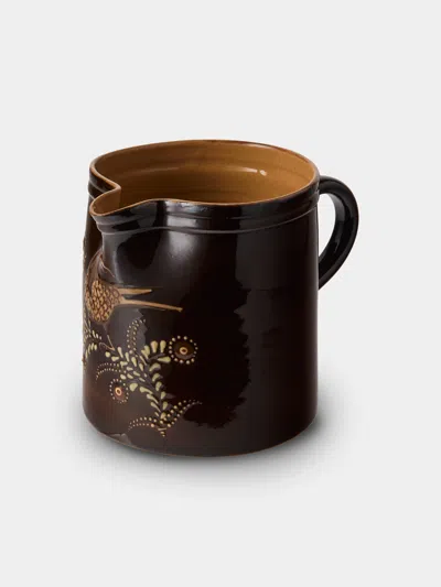 Poterie D’évires Poterie D'évires Birds Hand-painted Ceramic Straight-edge Medium Jug In Brown