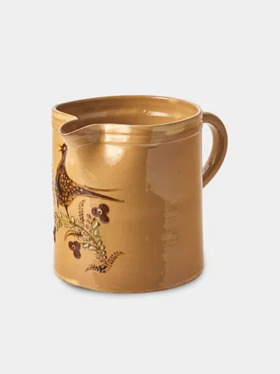 Poterie D’évires Poterie D'évires Birds Hand-painted Ceramic Straight-edge Medium Jug In Brown