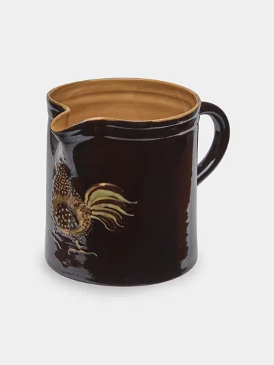 Poterie D’évires Poterie D'évires Chickens Hand-painted Ceramic Straight-edge Jug (34oz/1l) In Brown