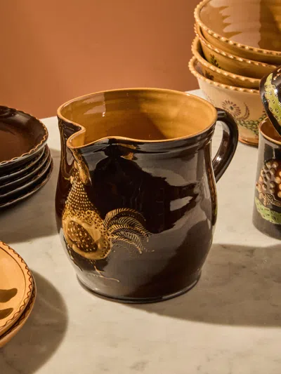 Poterie D’évires Poterie D'évires Chickens Hand-painted Ceramic Medium Jug In Brown