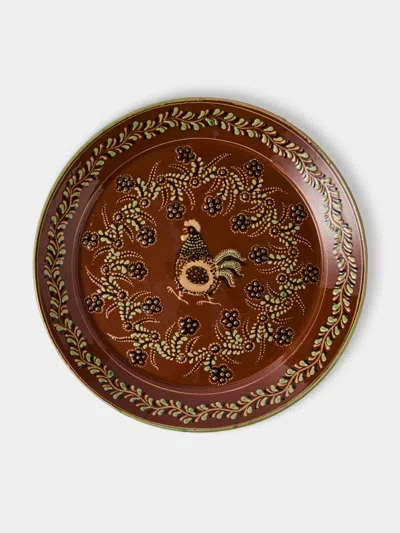 Poterie D’évires Poterie D'évires Chickens Hand-painted Ceramic Round Platter In Brown