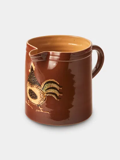 Poterie D’évires Poterie D'évires Chickens Hand-painted Ceramic Straight-edge Medium Jug In Brown