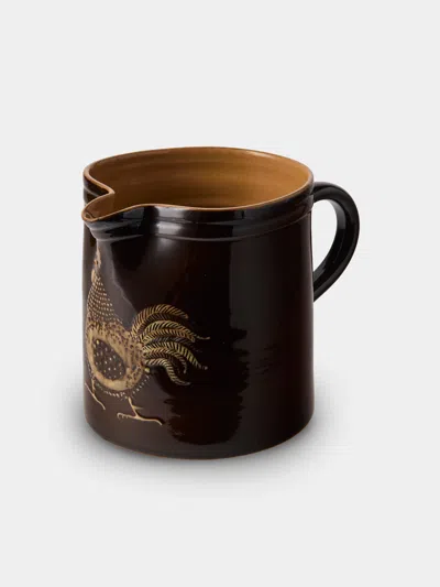Poterie D’évires Poterie D'évires Chickens Hand-painted Ceramic Straight-edge Medium Jug In Brown