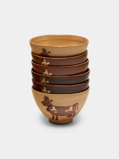 Poterie D’évires Poterie D'évires Cows Hand-painted Ceramic Bowls (set Of 6) In Multi