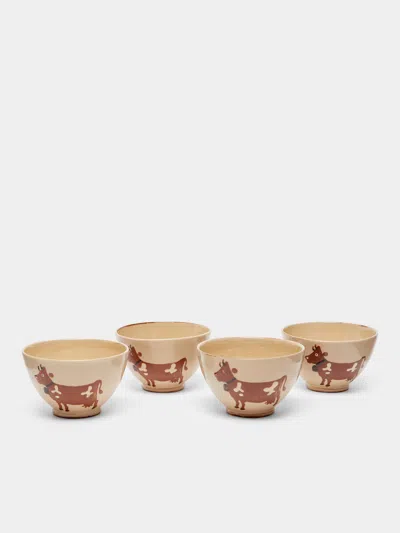 Poterie D’évires Cows Hand-painted Ceramic Cereal Bowls (set Of 4) In Animal Print