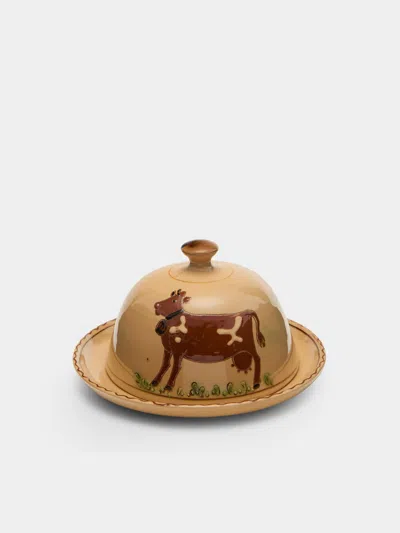 Poterie D’évires Poterie D'évires Cows Hand-painted Ceramic Large Lidded Butter Dish In Multi