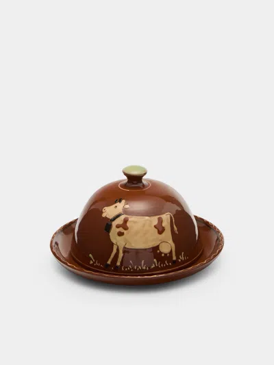 Poterie D’évires Poterie D'évires Cows Hand-painted Ceramic Large Lidded Butter Dish In Multi