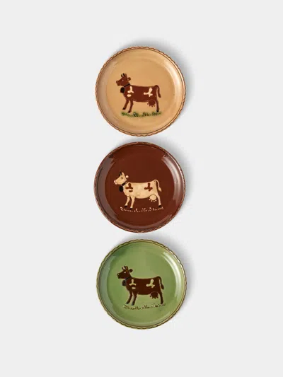Poterie D’évires Poterie D'évires Cows Hand-painted Ceramic Plates - 8in/20cm (set Of 3) In Multi