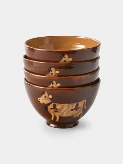 Poterie D’évires Poterie D'évires Cows Hand-painted Ceramic Grand Bowls (set Of 4) In Brown