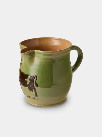Poterie D’évires Poterie D'évires Cows Hand-painted Ceramic Medium Jug In Green