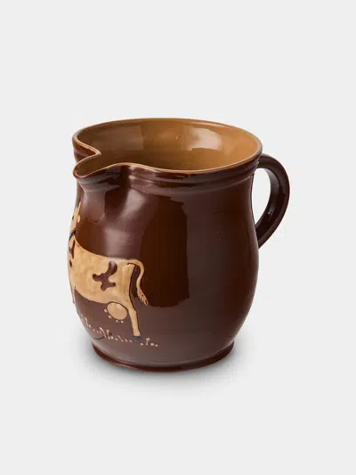 Poterie D’évires Poterie D'évires Cows Hand-painted Ceramic Medium Jug In Burgundy