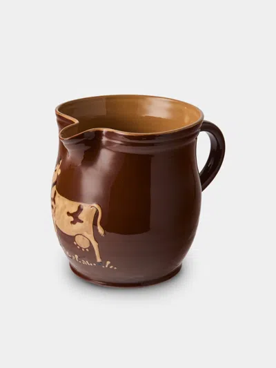 Poterie D’évires Poterie D'évires Cows Hand-painted Ceramic Medium Jug In Brown