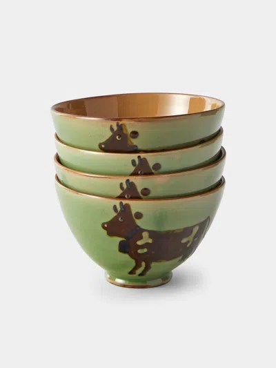 Poterie D’évires Poterie D'évires Cows Hand-painted Ceramic Small Bowls (set Of 4) In Green