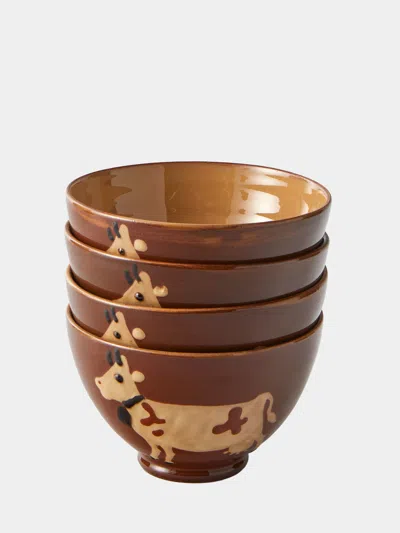 Poterie D’évires Poterie D'évires Cows Hand-painted Ceramic Small Bowls (set Of 4) In Brown