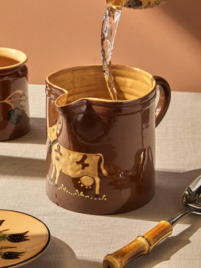 Poterie D’évires Poterie D'évires Cows Hand-painted Ceramic Straight-edge Medium Jug In Brown