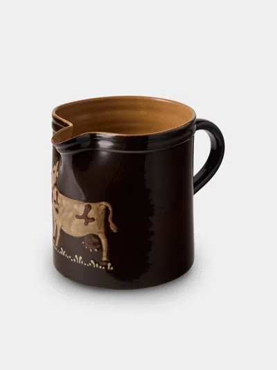 Poterie D’évires Poterie D'évires Cows Hand-painted Ceramic Straight-edge Medium Jug In Brown
