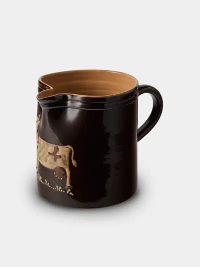 Poterie D’évires Poterie D'évires Cows Hand-painted Ceramic Straight-edge Medium Jug In Burgundy