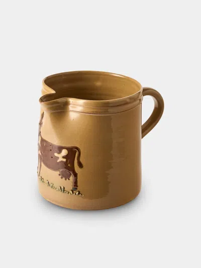 Poterie D’évires Poterie D'évires Cows Hand-painted Ceramic Straight-edge Medium Jug In Brown