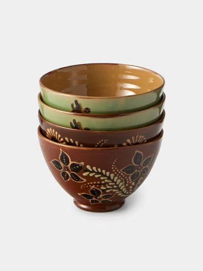 Poterie D’évires Poterie D'évires Flowers And Cows Hand-painted Ceramic Small Bowls (set Of 4) In Brown