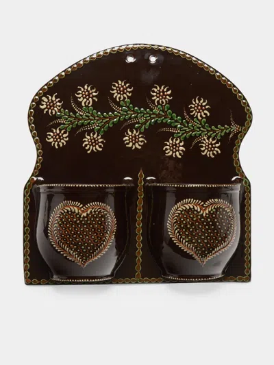 Poterie D’évires Poterie D'évires Flowers And Hearts Hand-painted Ceramic Double Utensil Holder In Multi