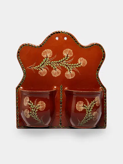 Poterie D’évires Poterie D'évires Flowers Hand-painted Ceramic Double Utensil Holder In Red