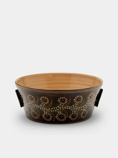 Poterie D’évires Poterie D'évires Flowers Hand-painted Ceramic Large Handled Serving Bowl In Brown