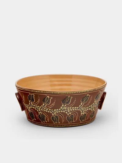 Poterie D’évires Poterie D'évires Flowers Hand-painted Ceramic Large Handled Serving Bowl In Multi