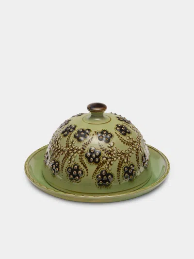 Poterie D’évires Poterie D'évires Flowers Hand-painted Ceramic Large Lidded Butter Dish In Multi